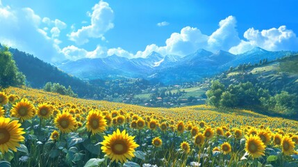 Illustration of a sunflower field with a mountainous background on a sunny day.
