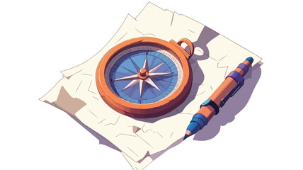 A digitally rendered, high-angle, close-up shot features a stylized compass resting on a folded map. The compass is orange with a blue needle and is depicted in a slightly three-dimensional style.