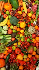 Different Types of Fresh Fruit and Vegetables on a Pile , Close-up