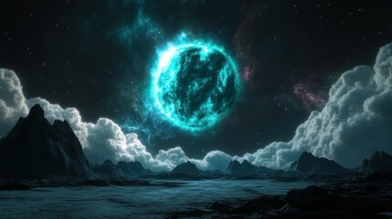 A stunning turquoise star illuminates a surreal, cosmic landscape scene.