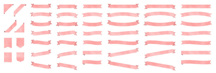 水彩風　ピンクのリボンフレームセット　装飾用・見出し用・飾り枠にも使えるシンプル素材
