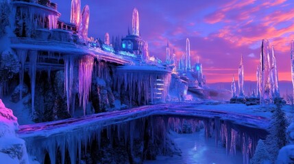 A surreal, ice castle landscape at sunset bathed in ethereal purples and blues.