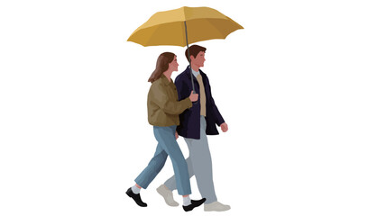 The image presents a digitally rendered illustration of a young adult couple walking together under a shared yellow umbrella. They are depicted in a three-quarter view against a pure white.