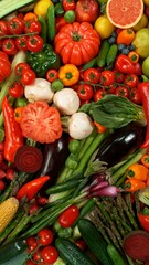 Different Types of Fresh Fruit and Vegetables on a Pile , Close-up