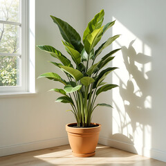 Potted green houseplant with broad leaves in a window, ideal for home interior decoration