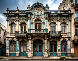 Fototapeta premium Intricate details of an abandoned Art Deco building facade Generative AI