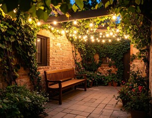 Charming courtyard with ivy and string lights at twilight Generative AI