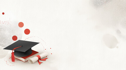 Graduation Cap, Diploma and Academic Book on Textured Paper with Red Ribbon, Minimal Vector Collage with Halftone Overlays and Soft Shadows for Editorial Design.