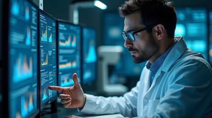 Fototapeta premium Focused scientist in lab coat analyzing data on multiple computer screens. Best used for illustrating technology, research, and data analysis in a professional setting. 