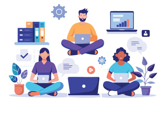 Naklejka premium Remote Team Collaboration Diverse Workers Using Laptops