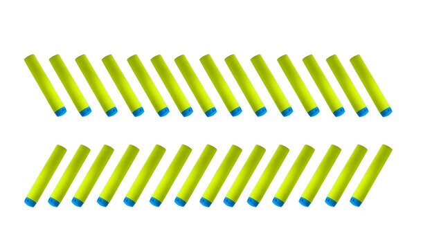 Foam soft bullets on white background. Green toy darts made of foam