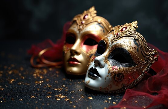 Venetian masks on dark glitter background. Carnival masquerade masks with gold, red color elements. Fantasy, luxury, elegant party event or theatre performance celebration.