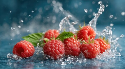 Raspberries drop into clear water, splashing and floating in a gentle dance against a light pink backdrop, showcasing vibrant details
