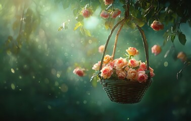 A basket of roses hanging from the tree, the flowers have pink and yellow petals