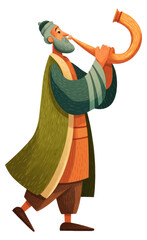 Musician plays traditional wind instrument while walking through a village isolated on transparent background.