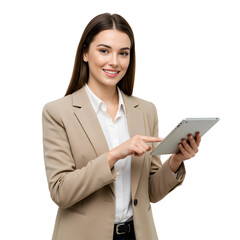 Smiling Businesswoman in Beige Formal Suit Holding Tablet and Pointing at It on Transparent Background, PNG format.