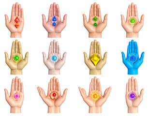 Fototapeta premium Twelve hands, each holding a vibrant gemstone