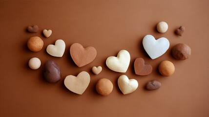 Creative heart shapes arranged artistically on a warm brown background in a harmonious display of texture and color