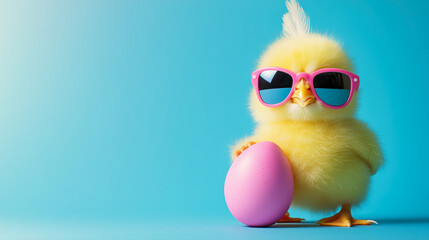A cute yellow chick wearing sunglasses and holding a pink egg. The chick is posing for a photo, and the egg is placed in front of her. The image has a playful and lighthearted mood
