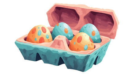 A digital painting depicting four stylized dinosaur eggs nestled in a teal and pink egg carton. The eggs are rendered in pastel shades of yellow, orange, and teal, speckled with smaller spots.
