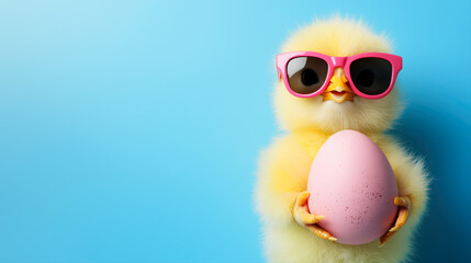 A cute yellow chick wearing sunglasses and holding a pink egg. The image has a playful and lighthearted mood