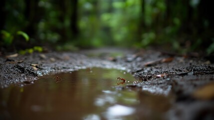 Fototapeta premium Ants on a Forest Puddle: A Tiny World in Macro Photography