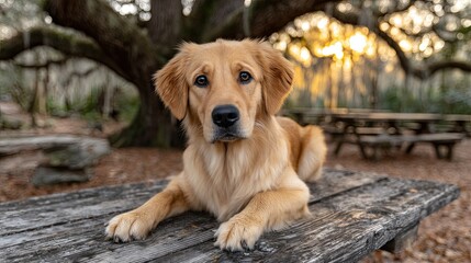 Obraz premium Golden retriever sits peacefully at an old wooden table in a park, illuminated by the warm glow of sunset behind a large oak tree