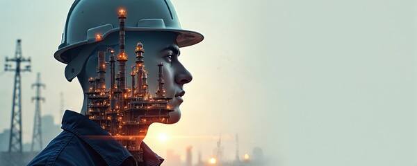 Double exposure illustration engineer head superimposed with oil, gas refinery facility. Innovative tech, automation, energy production, power generation, renewable, clean energy concept. Futuristic,