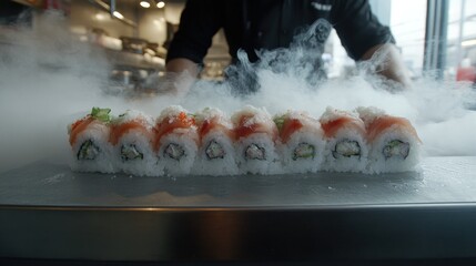 Smoked salmon sushi rolls on ice.