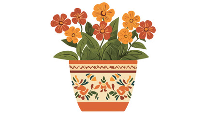 The image is a stylized illustration of a potted flowering plant. The flowers are depicted in shades of orange and yellow, with a simple, almost naive rendering style. The leaves are a solid dark.