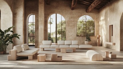 Modern minimalist living room with beige sofa, wooden coffee tables, and arched windows.
