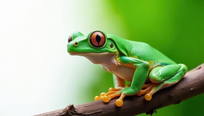 Green tree frog perched on white, vibrant colors, fauna, nature, wildlife photography