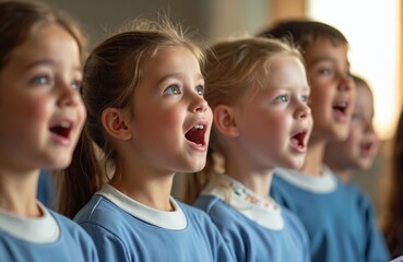 Fototapeta na wymiar Elementary school children singing in choir. Group of happy kids in blue uniform sing together. Students perform music. Joyful, harmonious voices, educational performing art, music class.