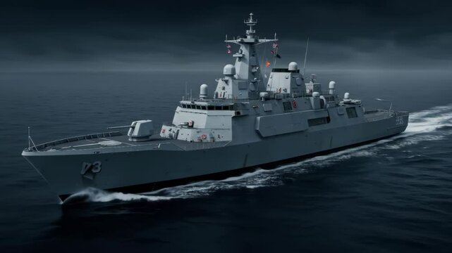 Armed Military Vessel Positioned for Defense in Open Sea