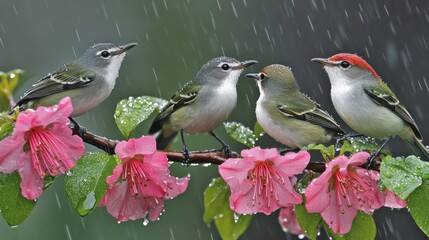 Four birds perched on a flowering branch in the rain.
