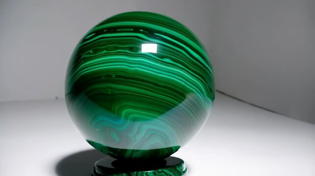 Polished malachite sphere with concentric bands on a stand in studio lighting, mineral specimen exhibiting banded patterns and emerald green color.