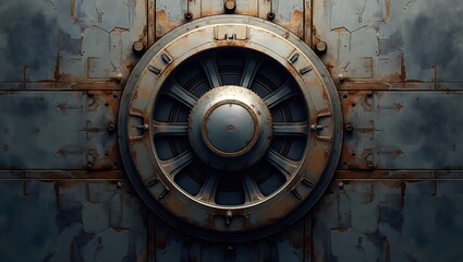 Fototapeta premium Steampunk Industrial Circular Mechanism Design Aesthetically Pleasing Rusty Metal Texture Dark Grey Background Intricate Details