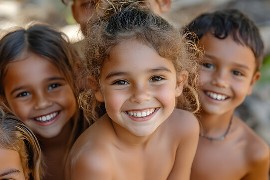 Group of aboriginal australian children smiling together outdoors