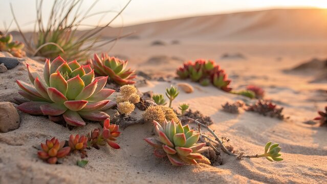 Golden Hour Desert Bloom Vibrant succulents thrive amidst the dunes, bathed in the warm glow of the setting sun, a breathtaking desert landscape.