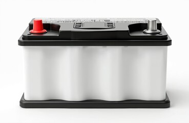 White rectangular car battery isolated on white background. Power storage component for vehicles. Red terminal cap. Automotive tech power supply for car or truck. New accumulator.