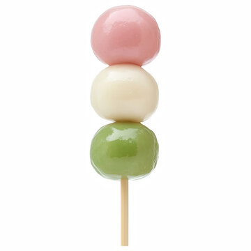 Traditional hanami dango with pink, white, and green dumplings isolated on transparent background