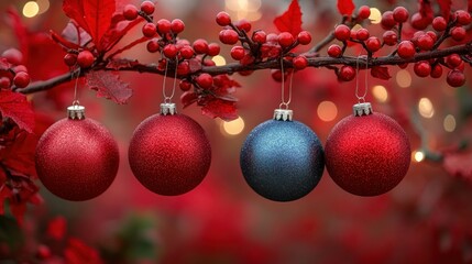 Obraz premium Festive red and blue Christmas ornaments hanging on a branch with berries