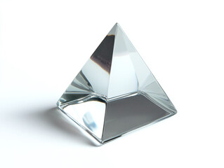 A glass pyramid paperweight, isolated on a clean white background, with smooth, sharp angles and a transparent surface, no shadow.
