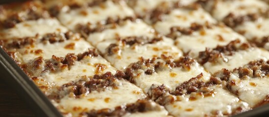 Close-up of a delicious, freshly baked sheet pan pizza with melted mozzarella cheese and sausage.