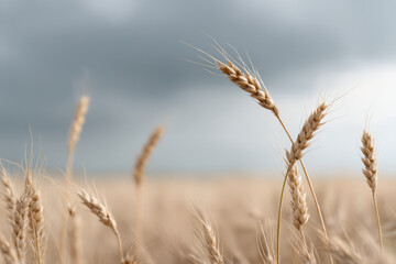 Obraz premium serene wheat field under cloudy sky with ultrabright sun rays piercing through golden ears of wheat
