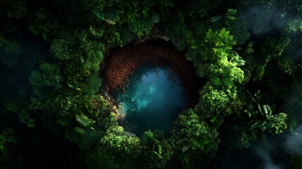 Aerial View of a Secluded Cenote Nestled in Lush Tropical Rainforest