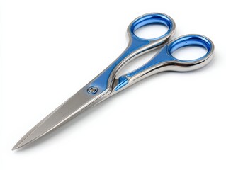Obraz premium Sharp, metallic scissors with blue handles, isolated on a white background.