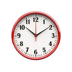 Red wall clock, simple, clean, and modern design.  Precise timepiece, showing a specific moment