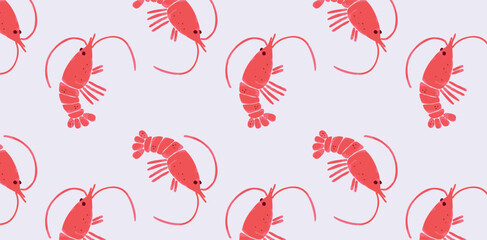 Seamless pattern with red watercolor shrimps on pastel background. Hand drawn marine crustaceans in flat doodle style. Vector repeat design for wrapping paper or textile surface.