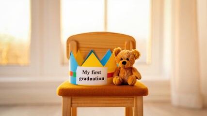 Colorful paper crown with text My First Graduation and teddy bear on small wooden chair in sunlit room, early childhood milestone and preschool celebration